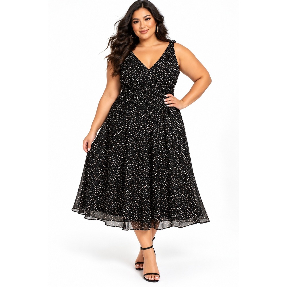 Les Serein Black Polka Dot V-Neck Sleeveless A-Line Dress Plus Size 1X NEW
